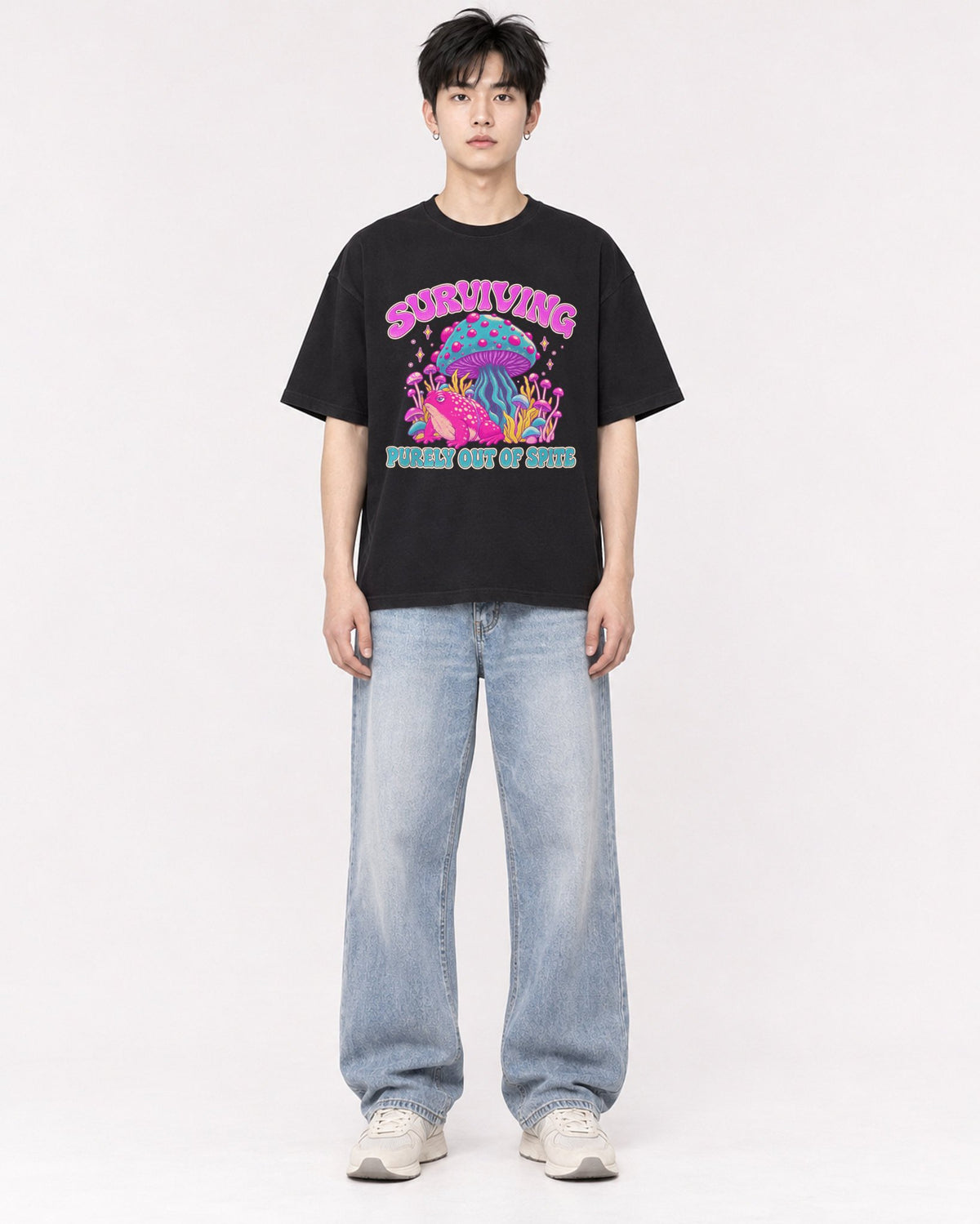 Mockup Boxy Heavyweight Tee Black male full-body 01