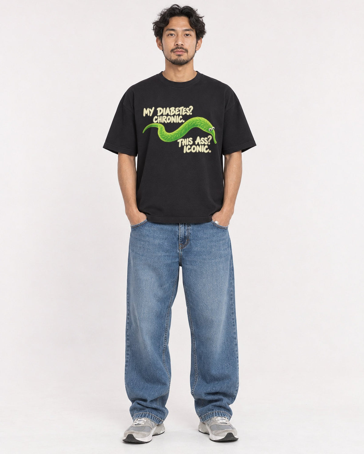 Mockup Boxy Heavyweight Tee Black male full-body 02