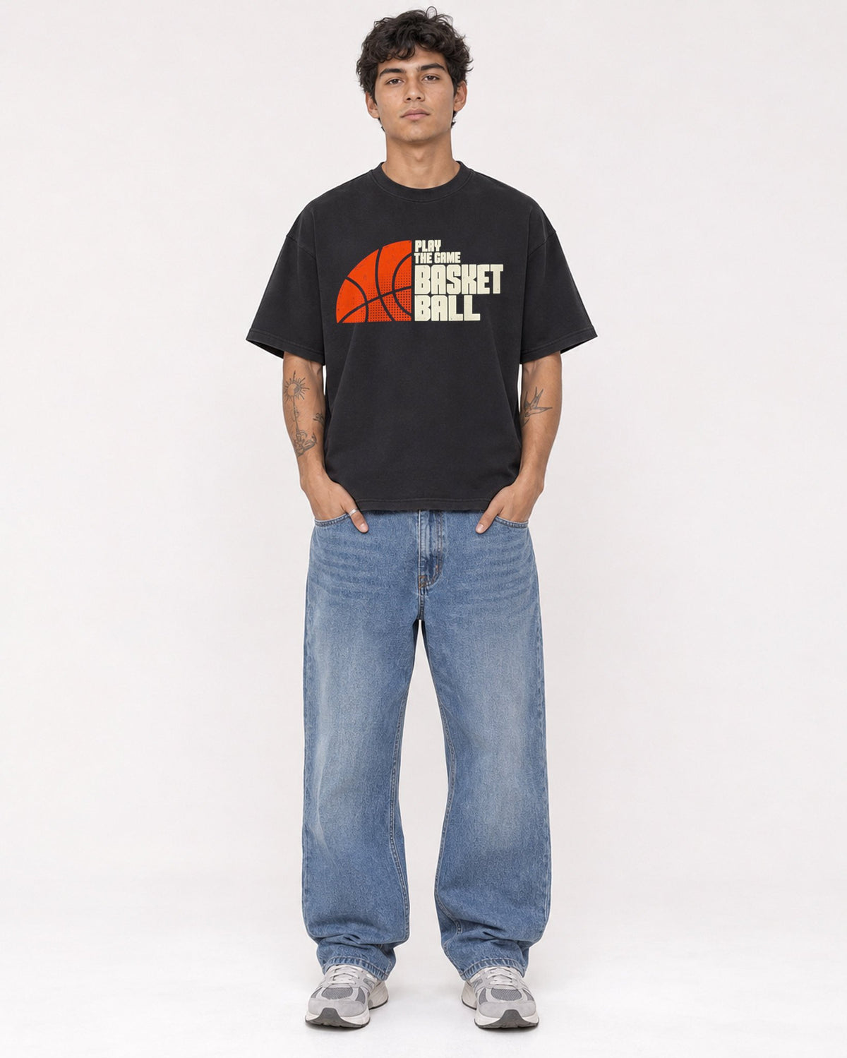 Mockup Boxy Heavyweight Tee Black male full-body 06