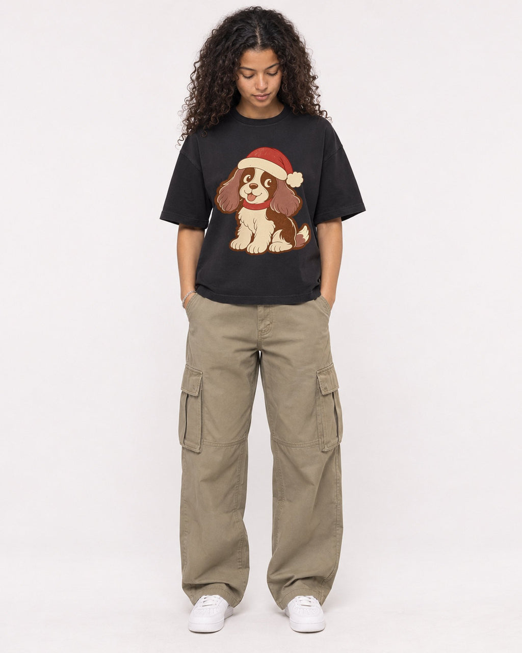 Mockup Boxy Heavyweight Tee Black female full-body 10