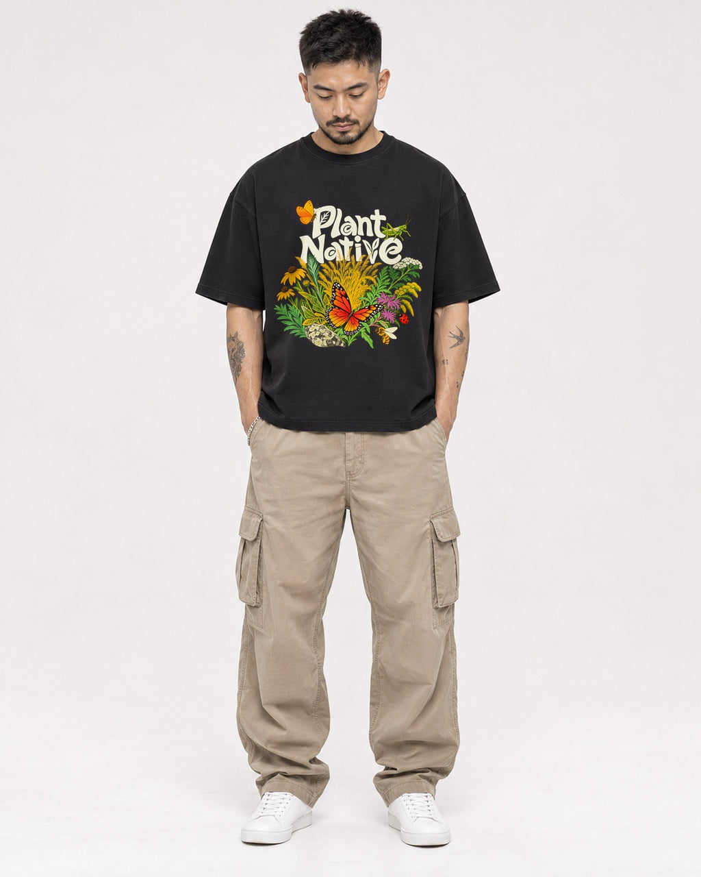 Mockup Boxy Heavyweight Tee Black male full-body 12