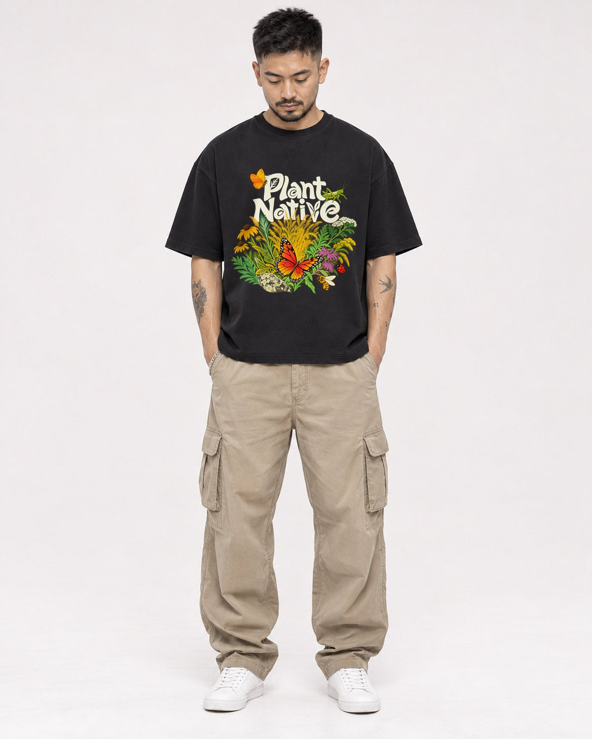 Mockup Boxy Heavyweight Tee Black male full-body 12