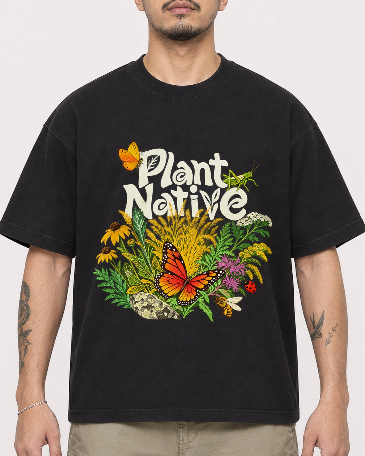 Mockup Boxy Heavyweight Tee Black male close-up 12