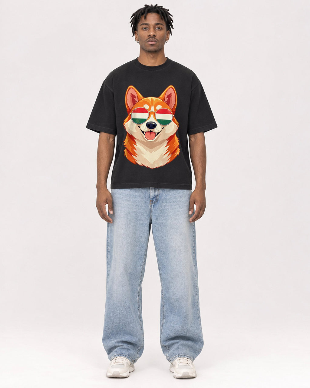 Mockup Boxy Heavyweight Tee Black male full-body 05