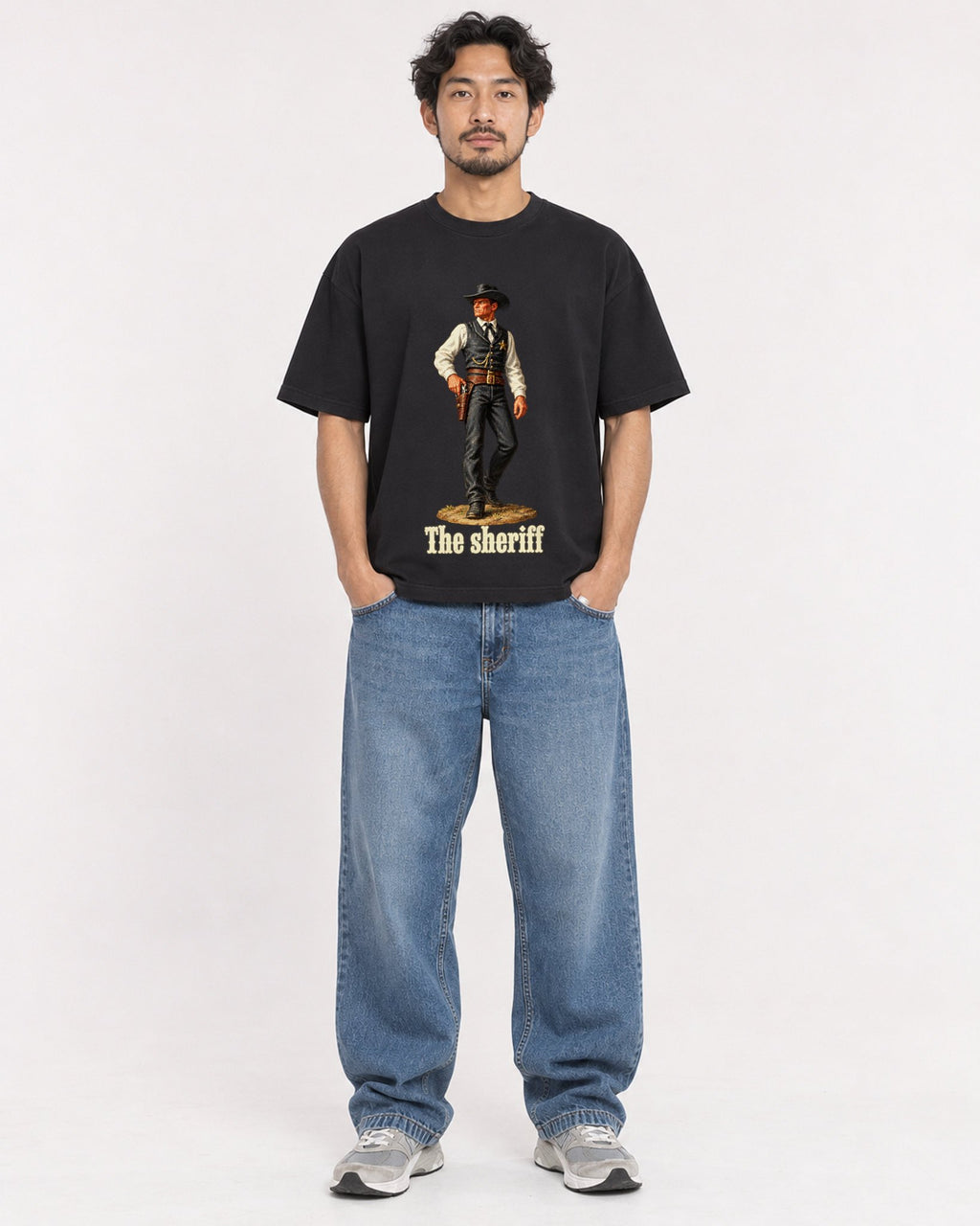 Mockup Boxy Heavyweight Tee Black male full-body 02