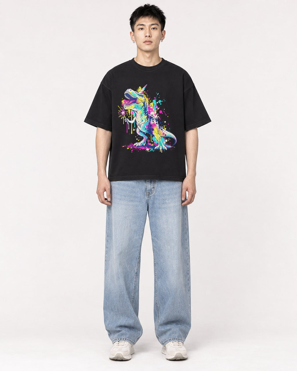 Mockup Boxy Heavyweight Tee Black male full-body 21