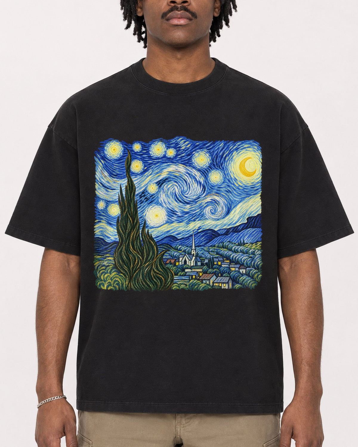 Mockup Boxy Heavyweight Tee Black male close-up 04