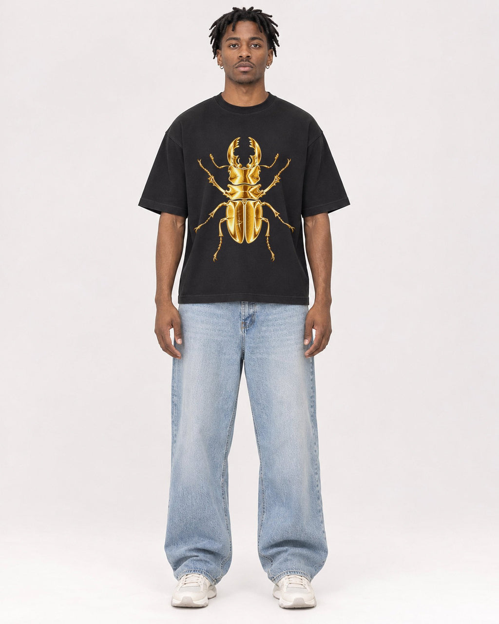 Mockup Boxy Heavyweight Tee Black male full-body 05