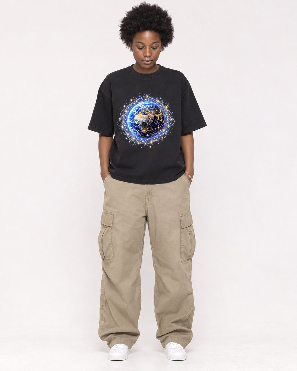 Mockup Boxy Heavyweight Tee Black female full-body 14