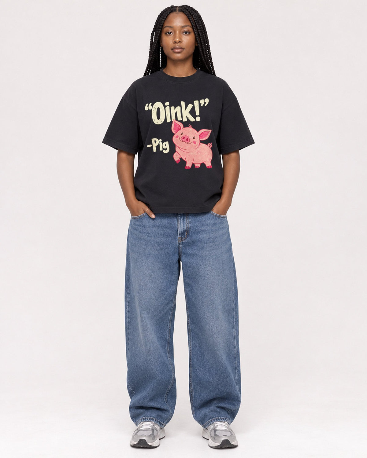 Mockup Boxy Heavyweight Tee Black female full-body 04