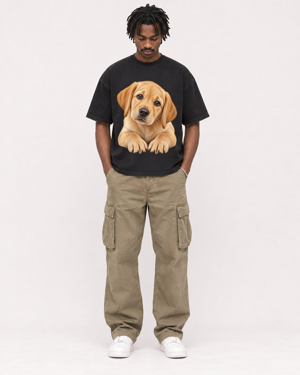 Mockup Boxy Heavyweight Tee Black male full-body 04