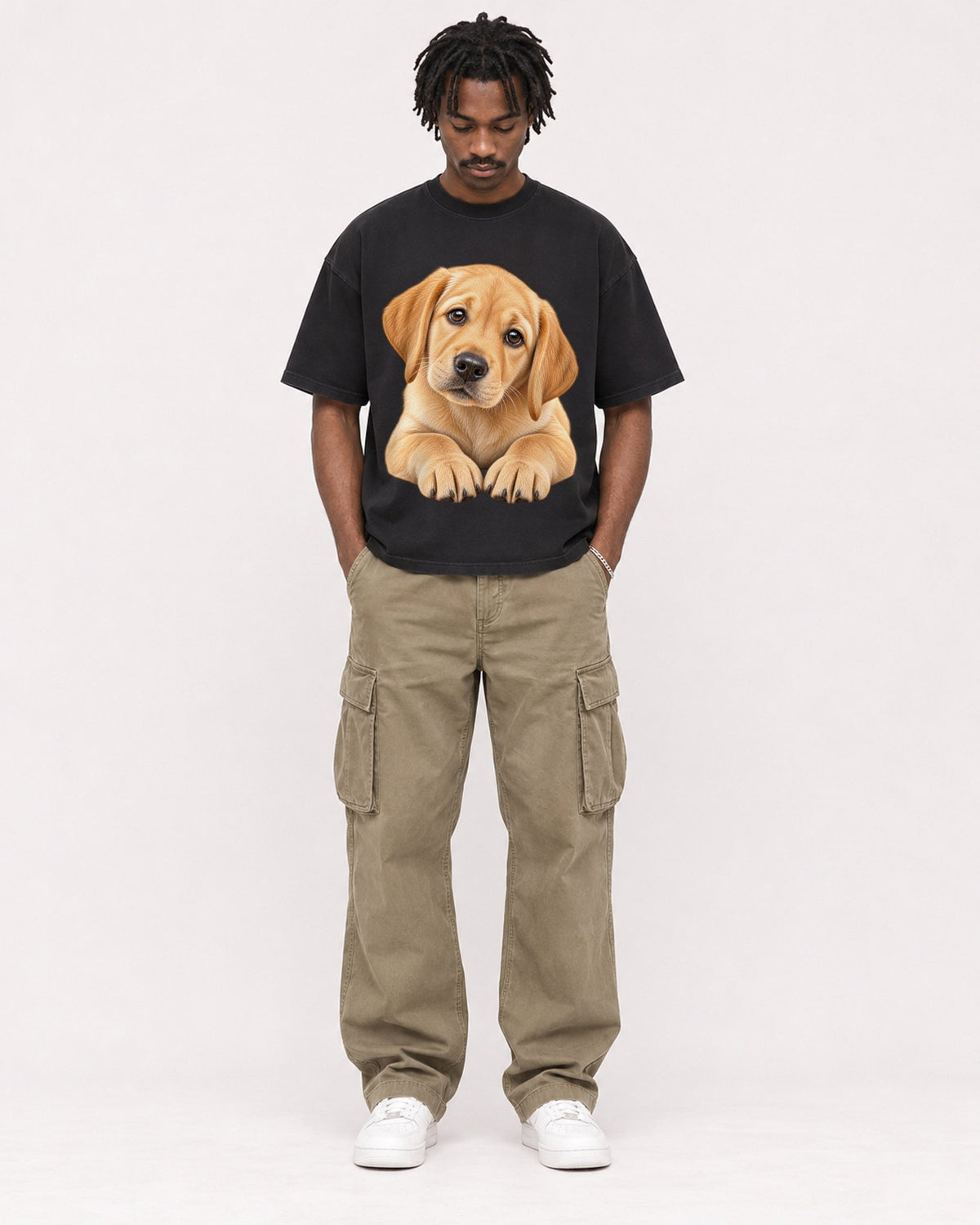 Mockup Boxy Heavyweight Tee Black male full-body 04
