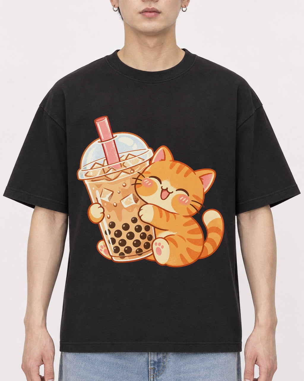 Mockup Boxy Heavyweight Tee Black male close-up 01