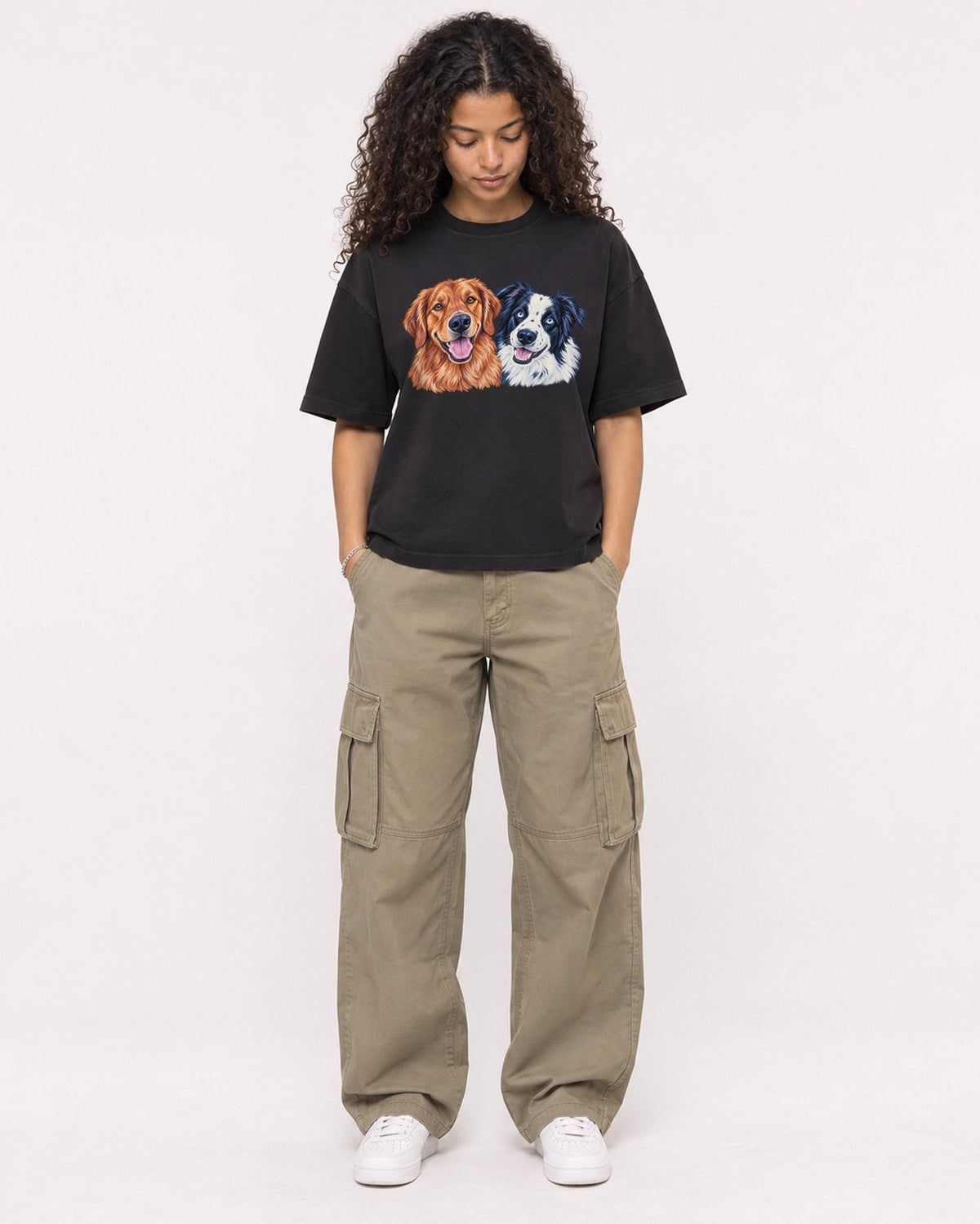 Mockup Boxy Heavyweight Tee Black female full-body 10