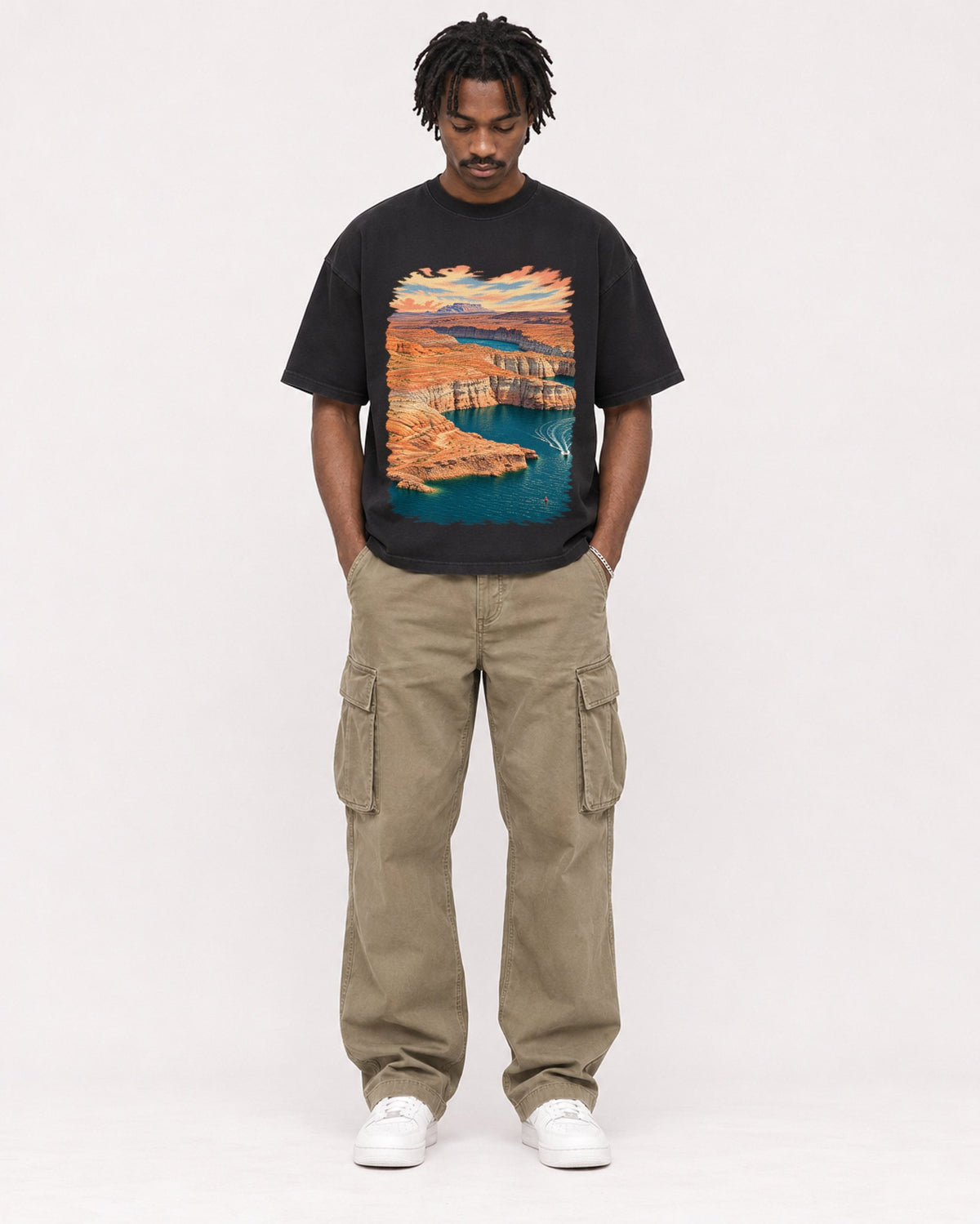 Mockup Boxy Heavyweight Tee Black male full-body 04