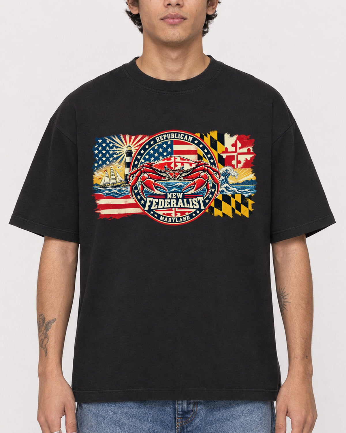 Mockup Boxy Heavyweight Tee Black male close-up 06