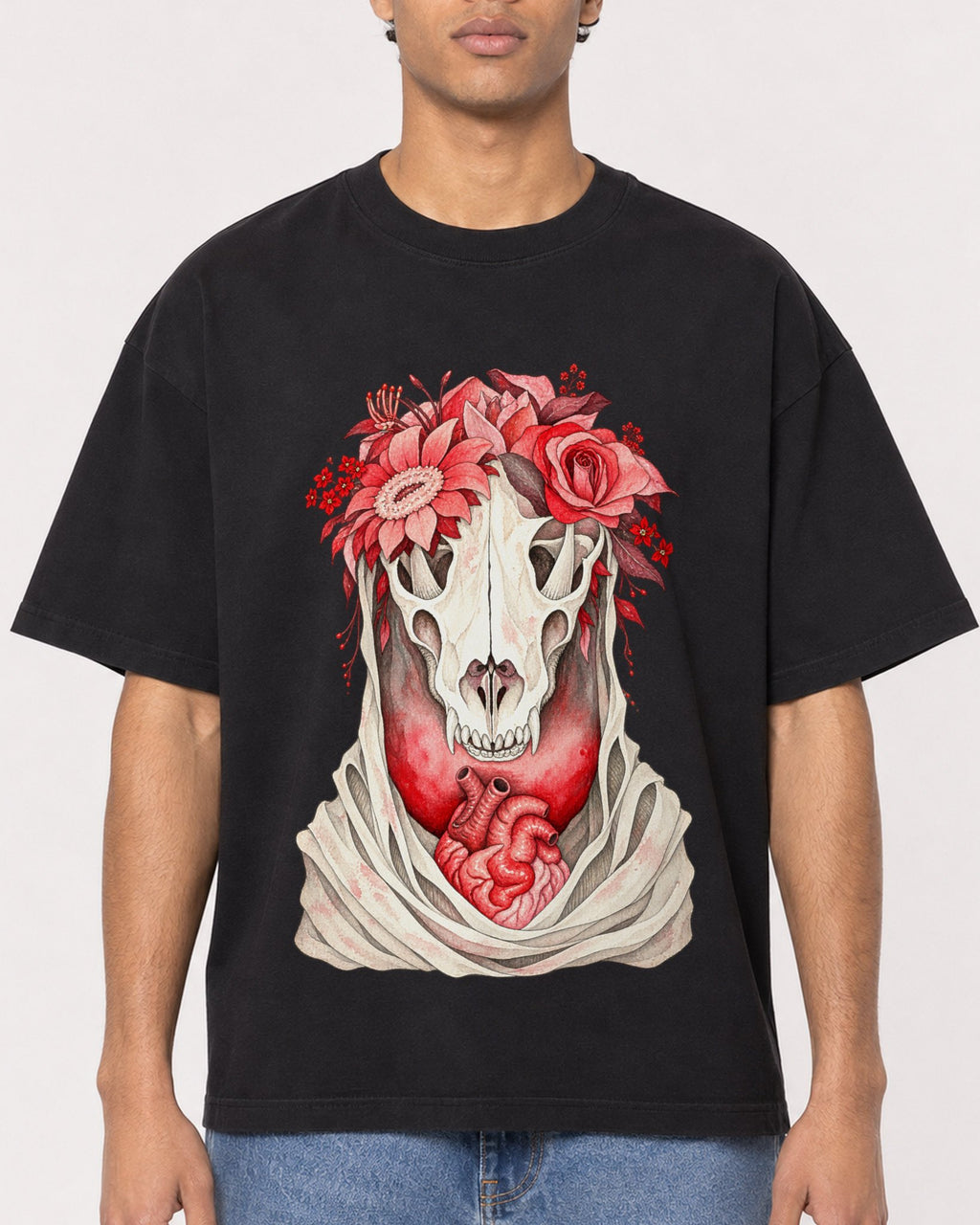 Mockup Boxy Heavyweight Tee Black male close-up 10