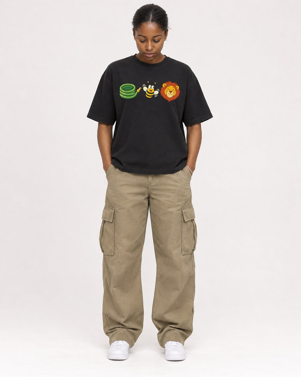 Mockup Boxy Heavyweight Tee Black female full-body 34