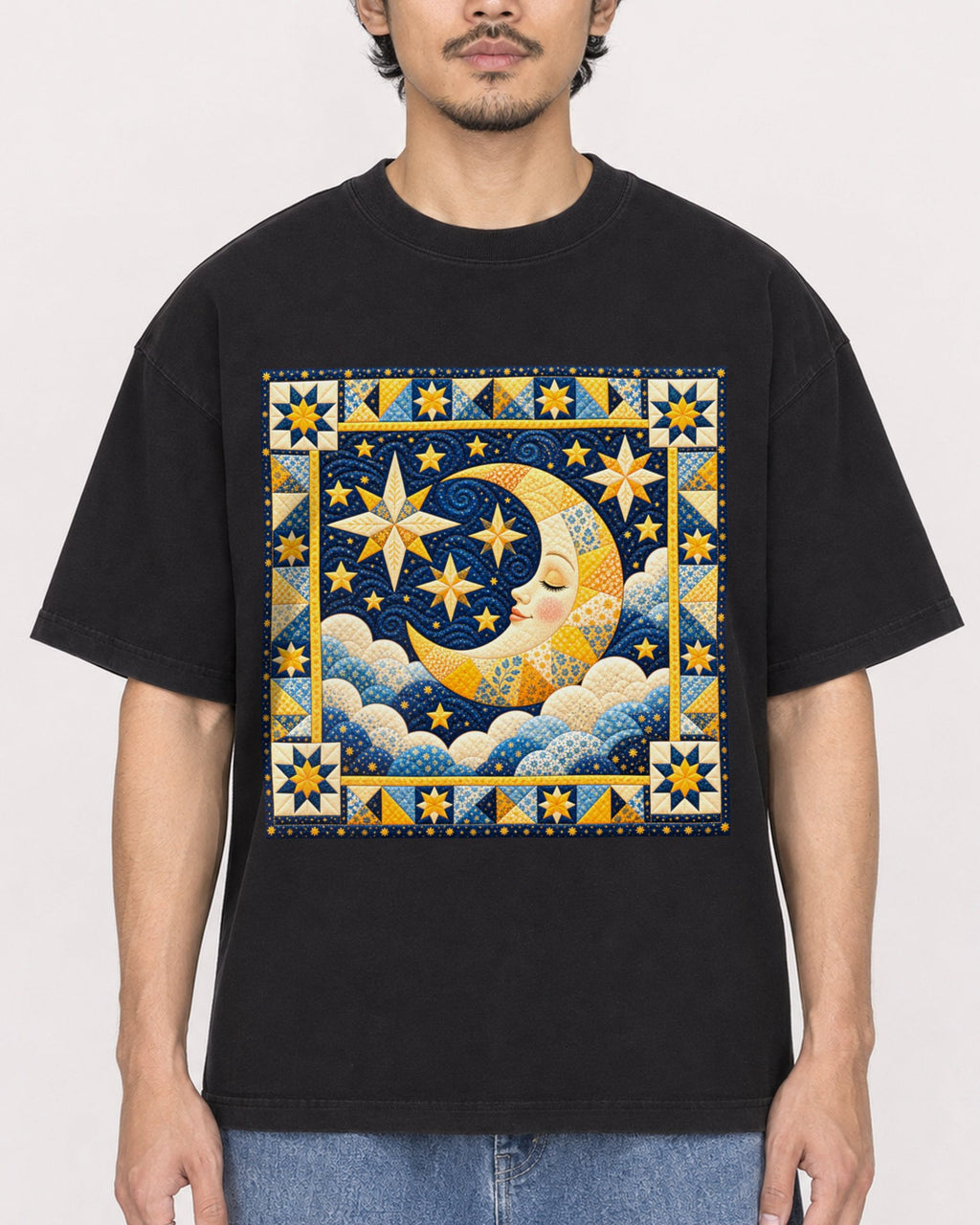 Mockup Boxy Heavyweight Tee Black male close-up 02