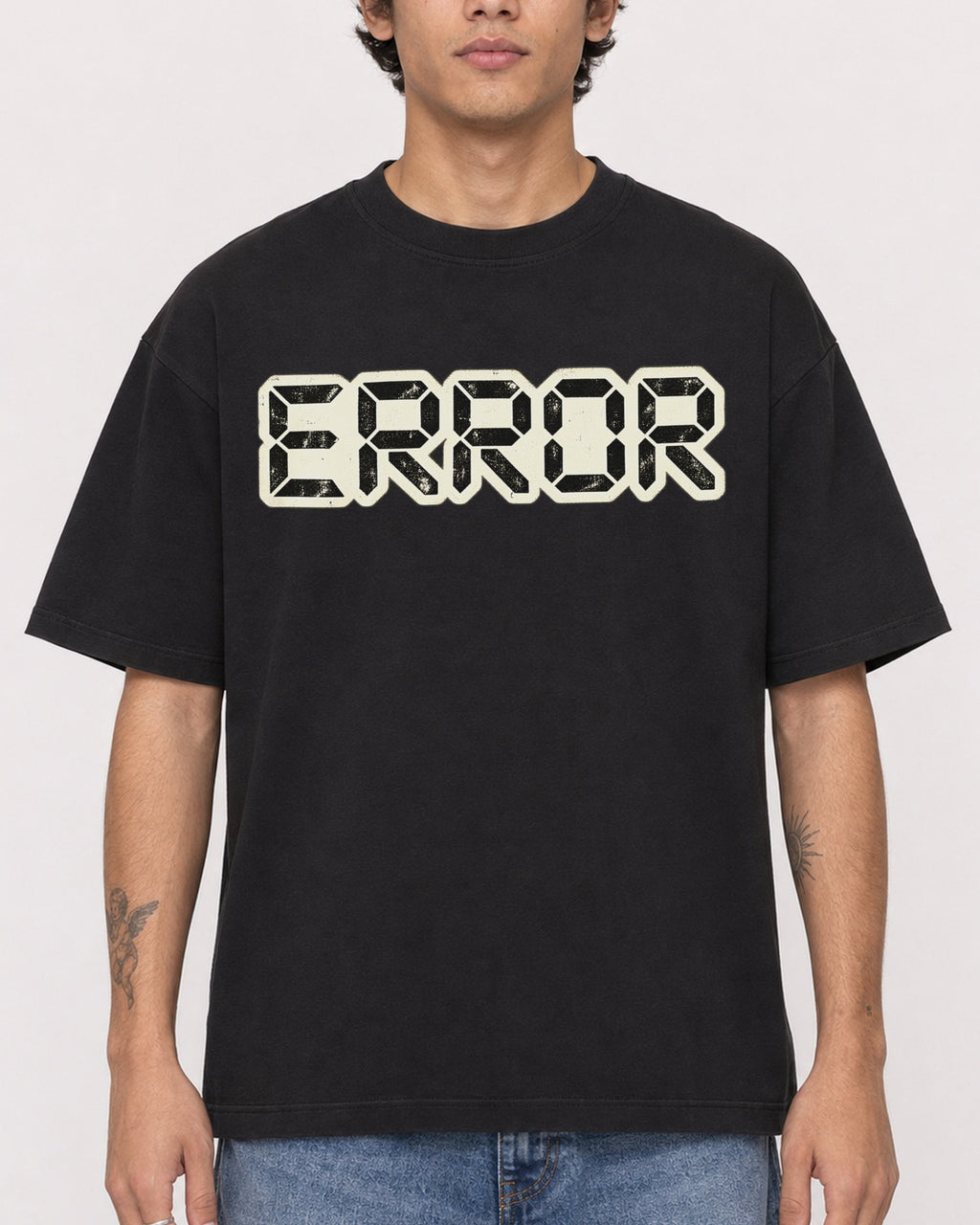 Mockup Boxy Heavyweight Tee Black male close-up 06
