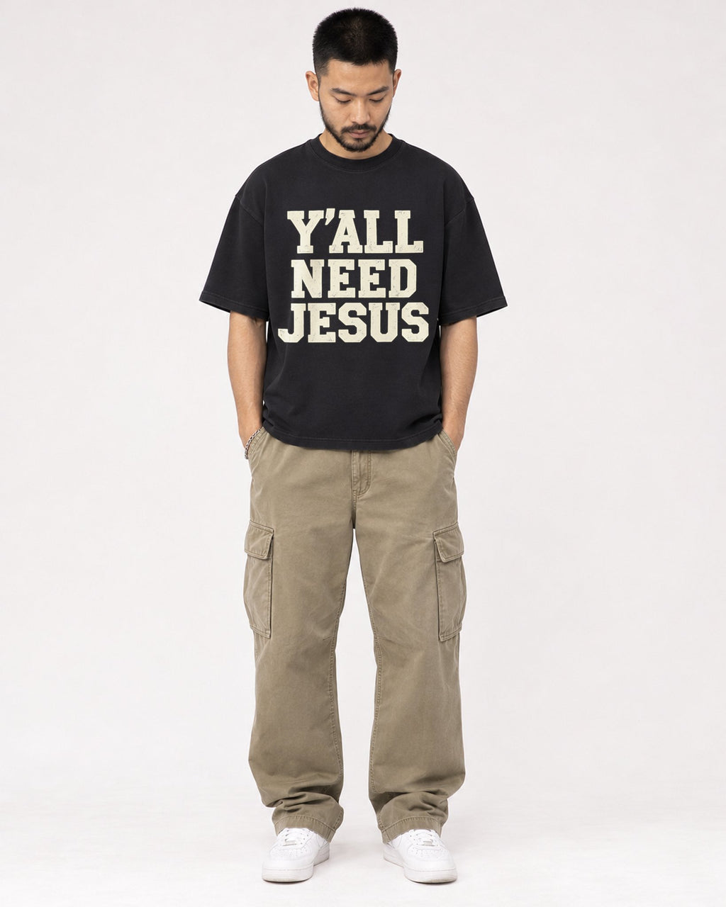 Mockup Boxy Heavyweight Tee Black male full-body 32