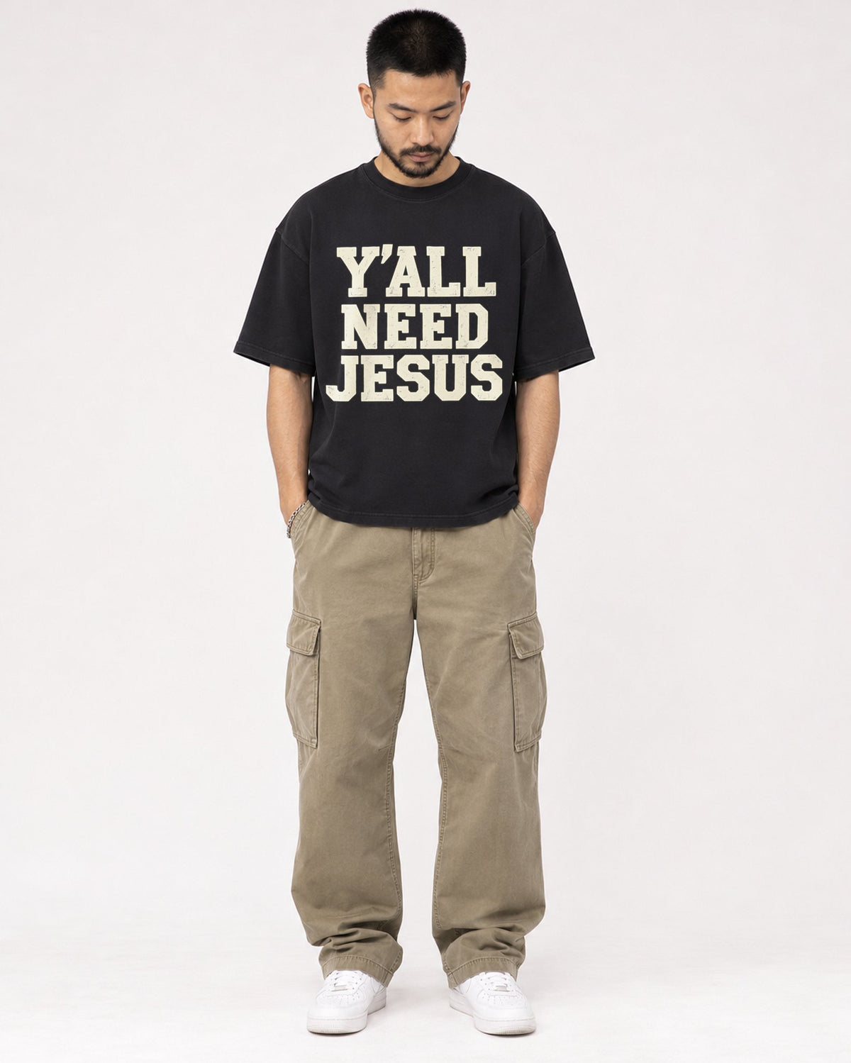 Mockup Boxy Heavyweight Tee Black male full-body 32