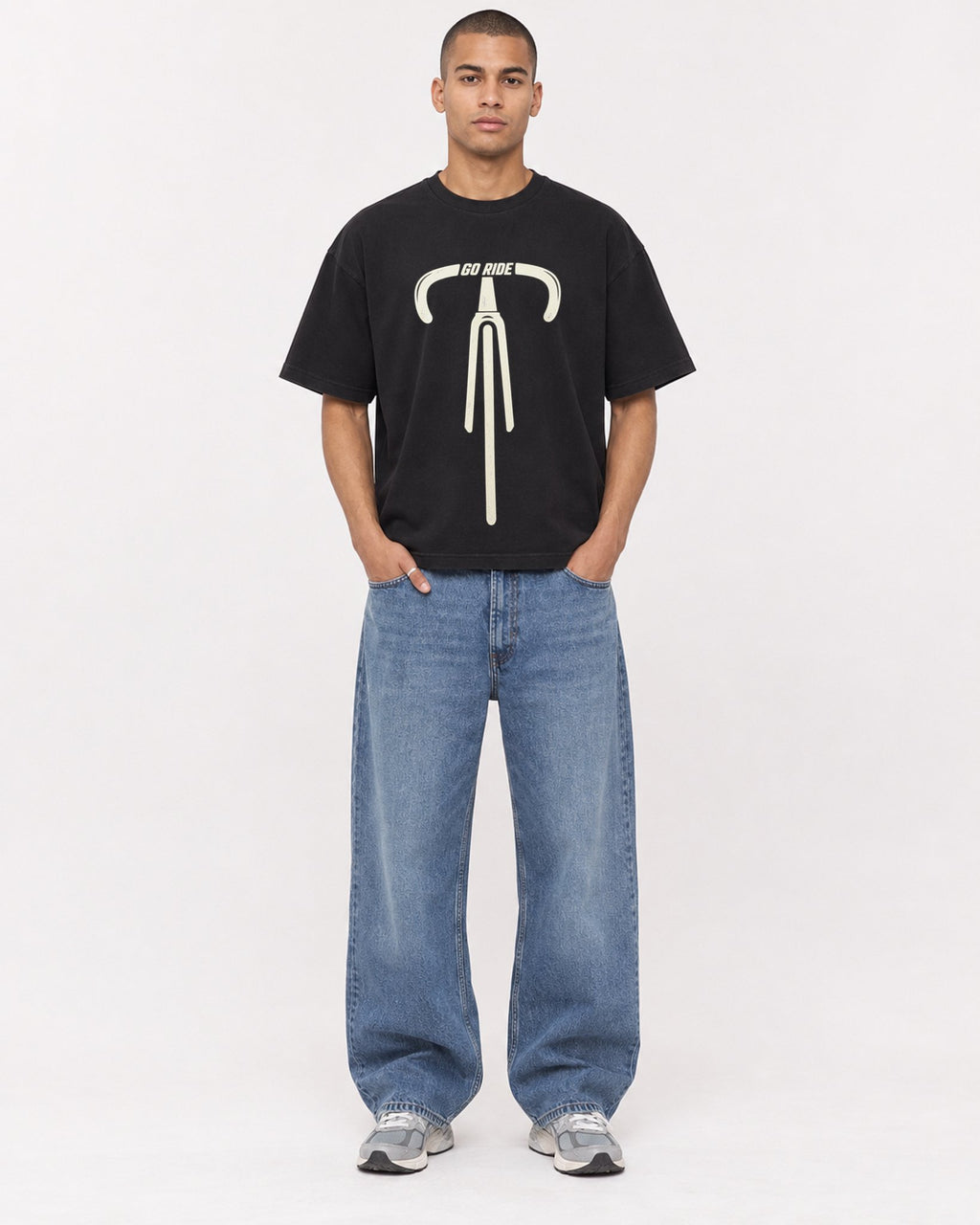 Mockup Boxy Heavyweight Tee Black male full-body 50
