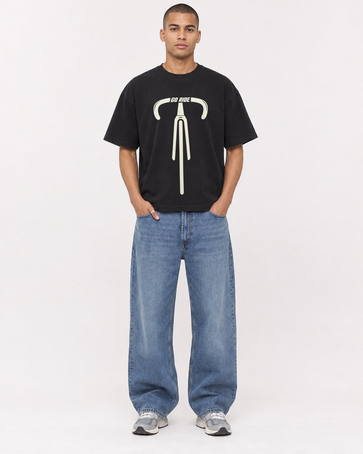 Mockup Boxy Heavyweight Tee Black male full-body 50