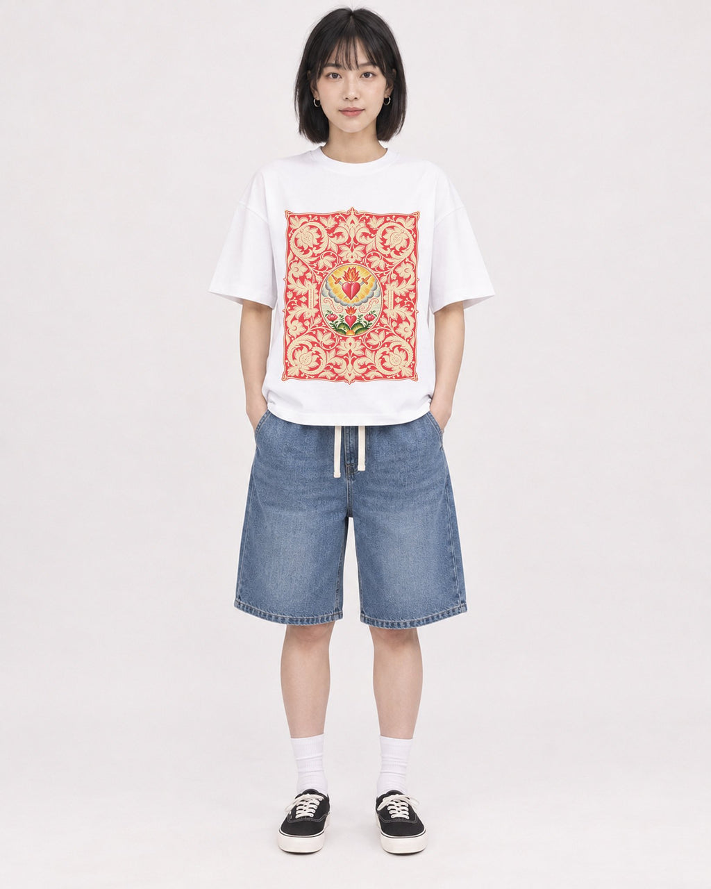 Mockup Boxy Heavyweight Tee White female full-body 11