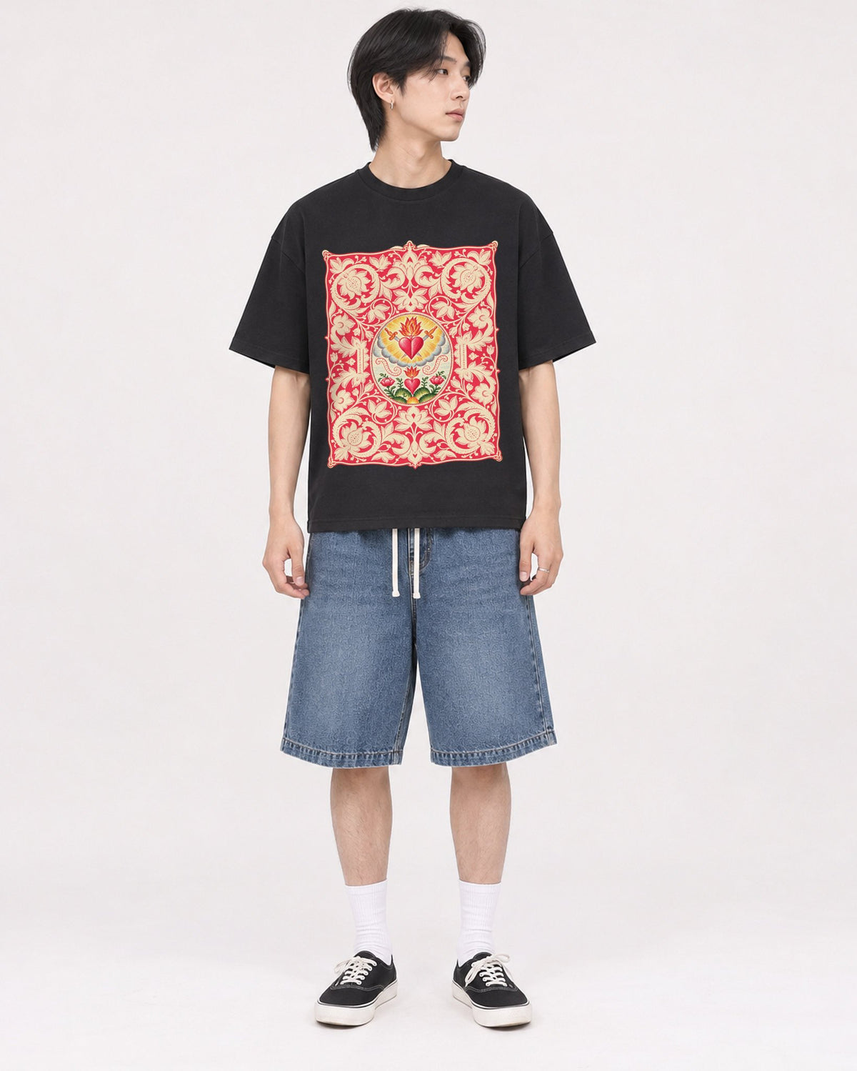 Mockup Boxy Heavyweight Tee Black male full-body 11