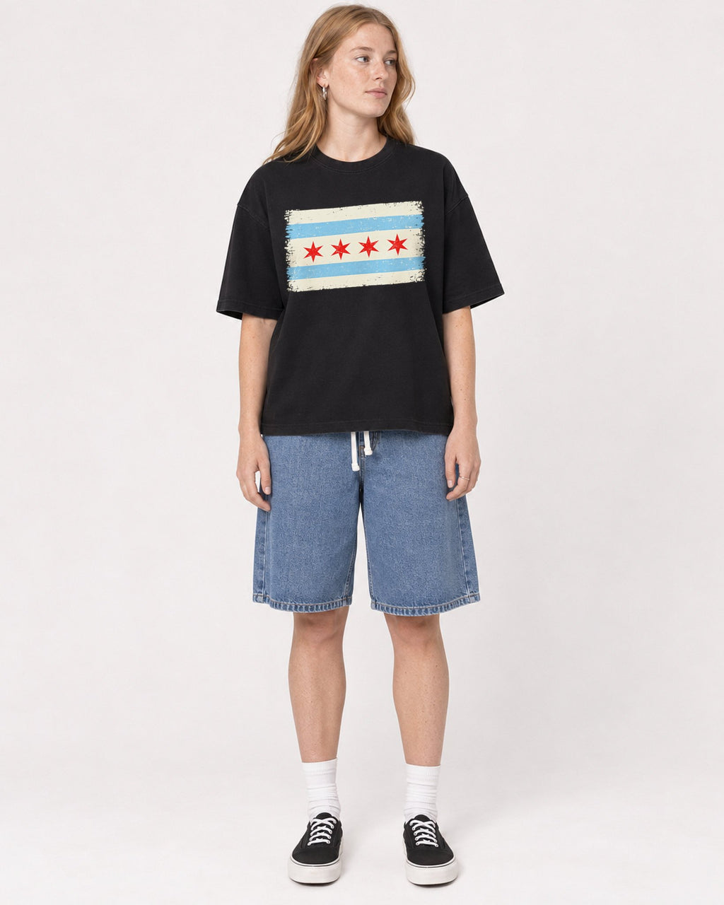 Mockup Boxy Heavyweight Tee Black female full-body 49