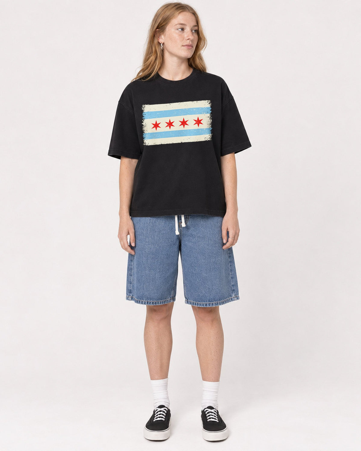 Mockup Boxy Heavyweight Tee Black female full-body 49