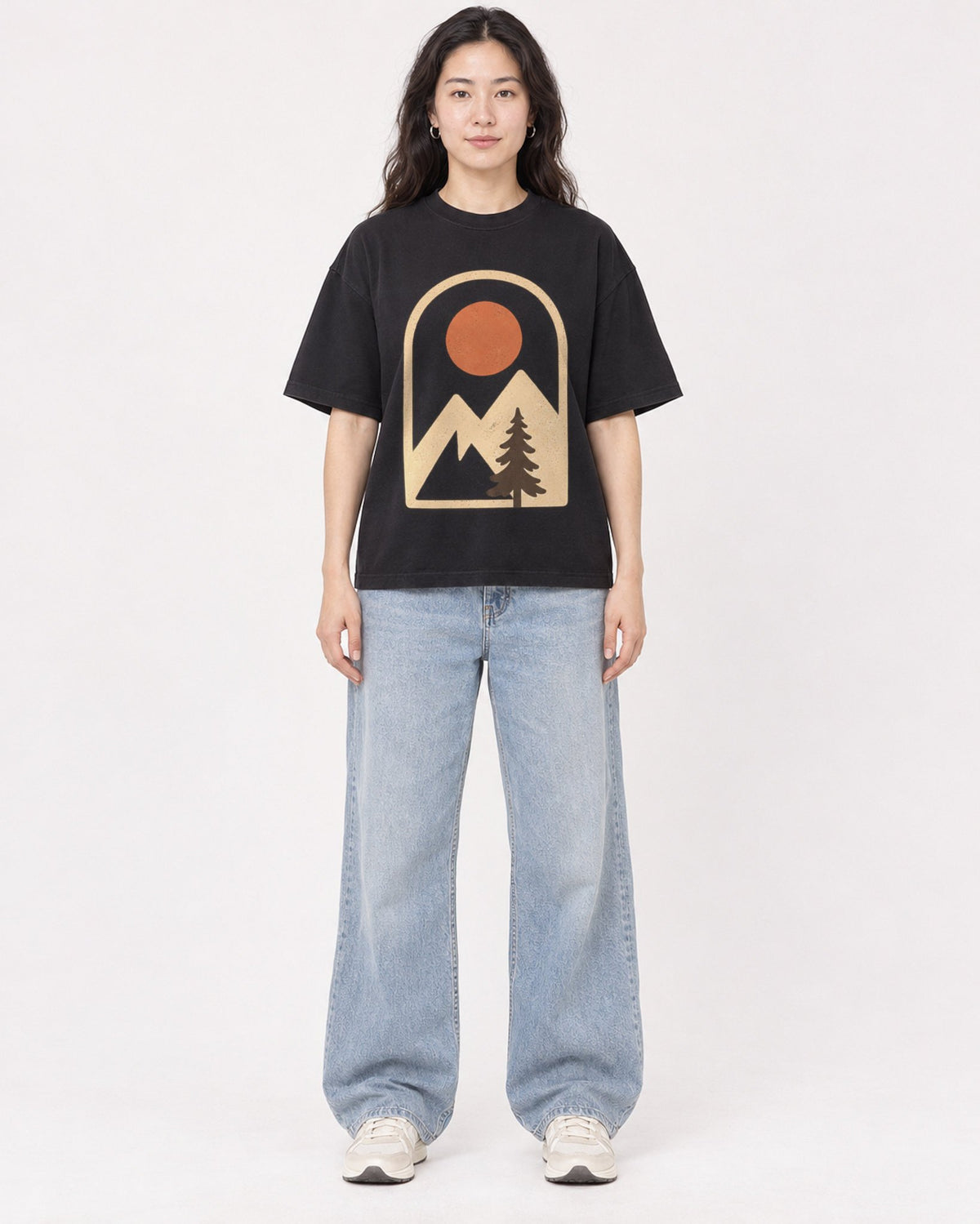 Mockup Boxy Heavyweight Tee Black female full-body 03