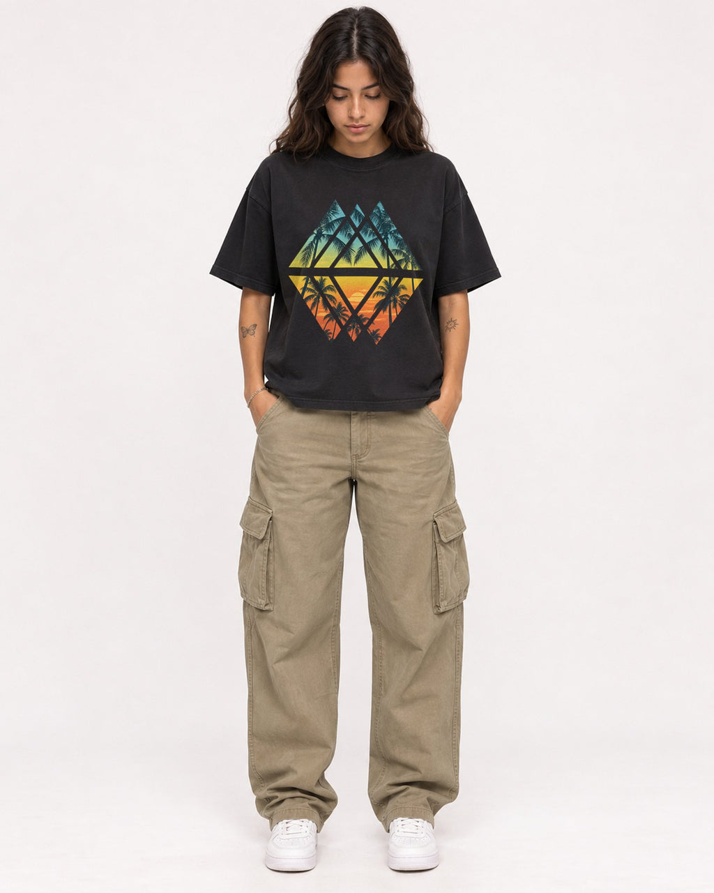 Mockup Boxy Heavyweight Tee Black female full-body 06
