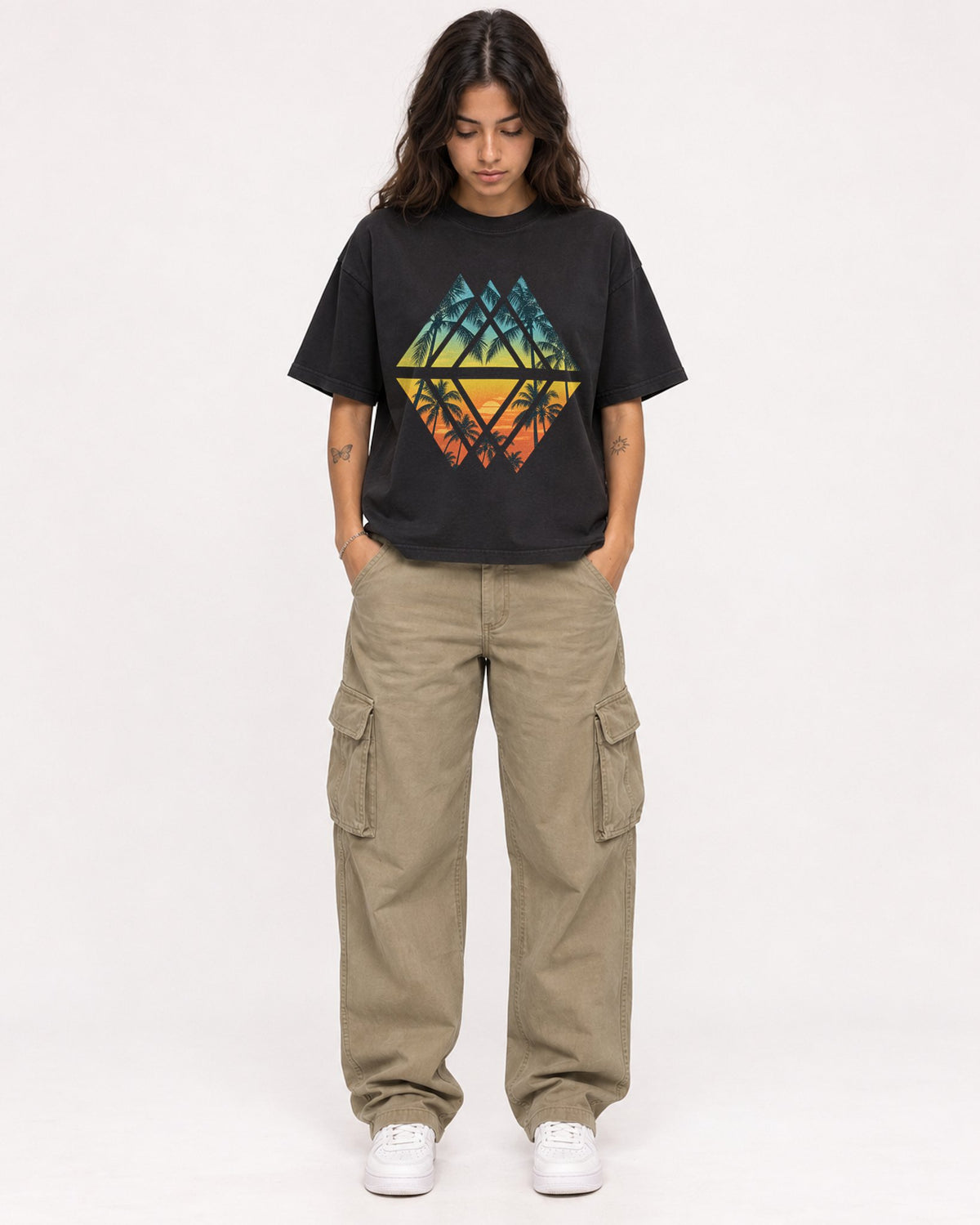 Mockup Boxy Heavyweight Tee Black female full-body 06