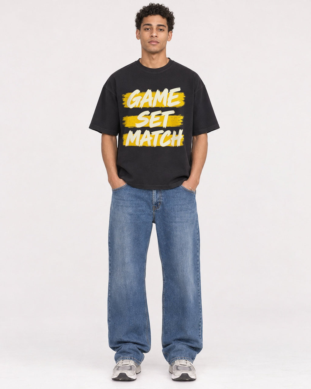 Mockup Boxy Heavyweight Tee Black male full-body 10