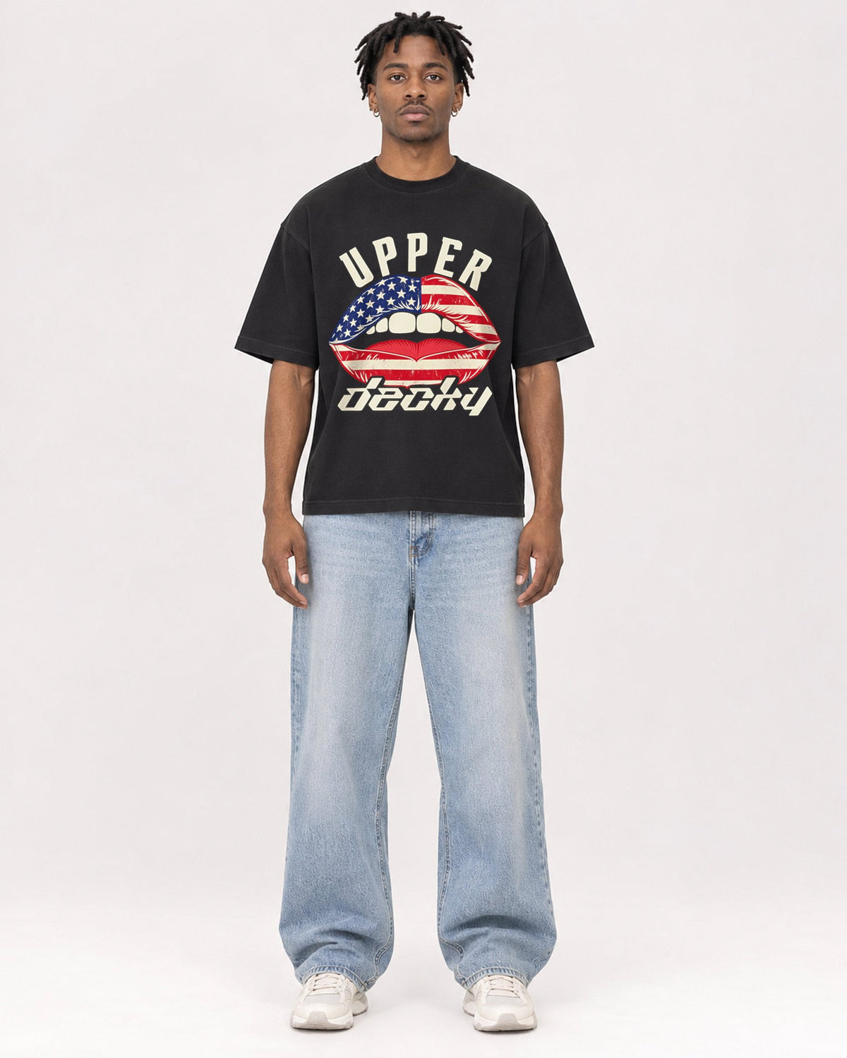 Mockup Boxy Heavyweight Tee Black male full-body 05
