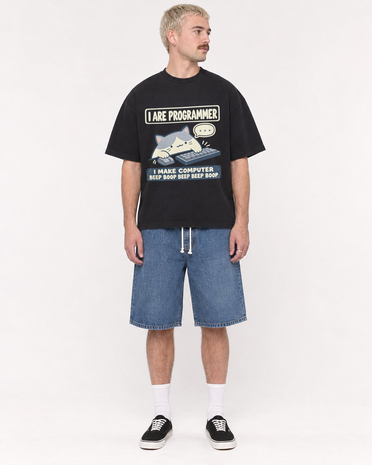 Mockup Boxy Heavyweight Tee Black male full-body 39
