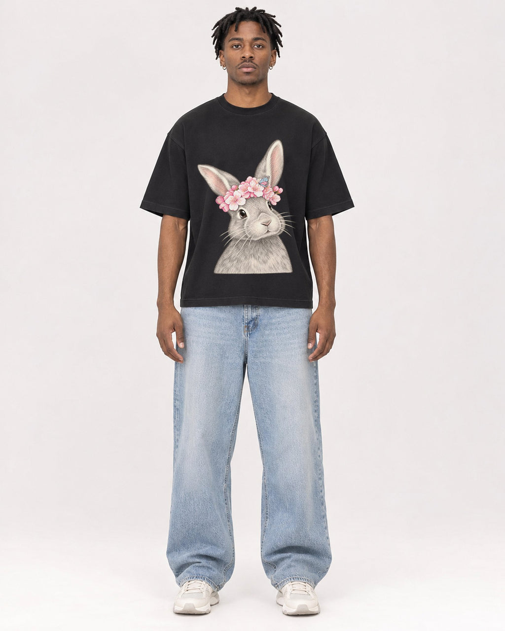 Mockup Boxy Heavyweight Tee Black male full-body 05