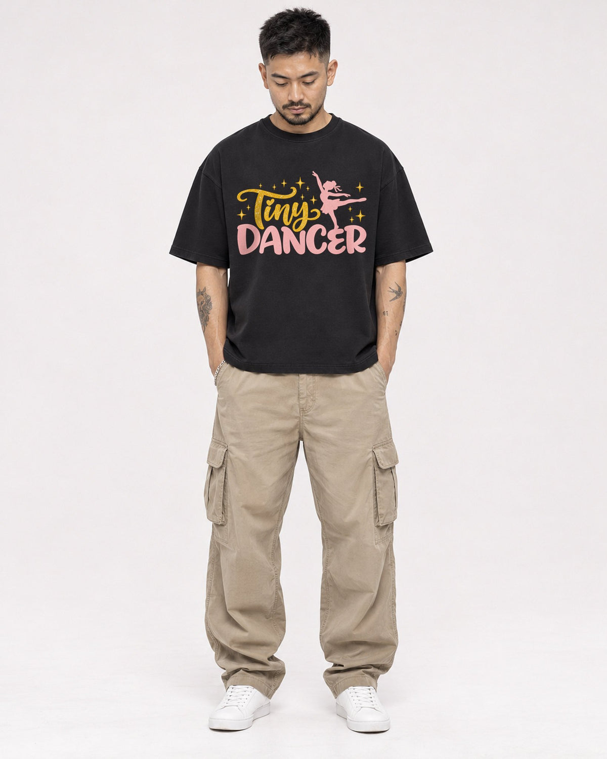 Mockup Boxy Heavyweight Tee Black male full-body 12