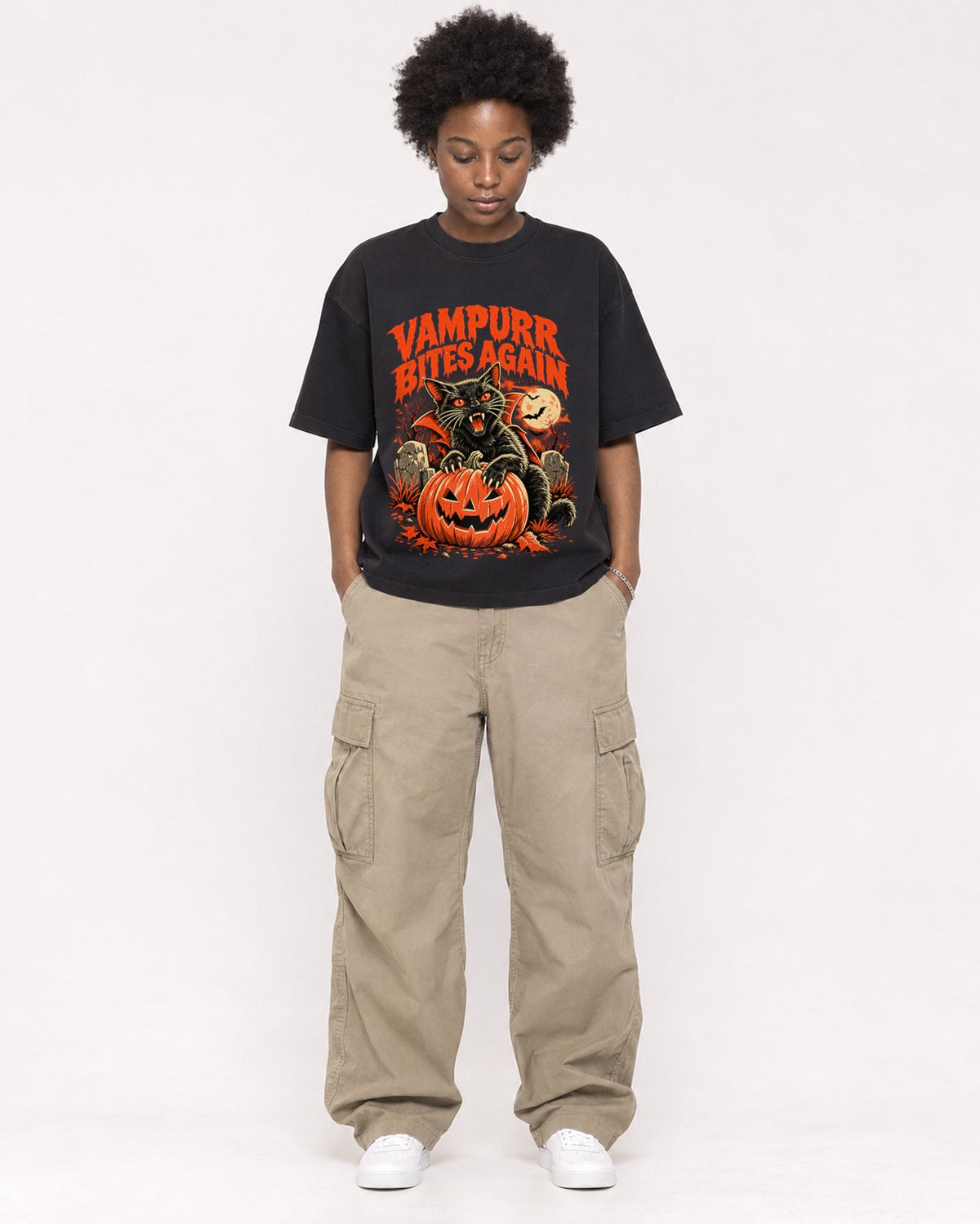 Mockup Boxy Heavyweight Tee Black female full-body 14