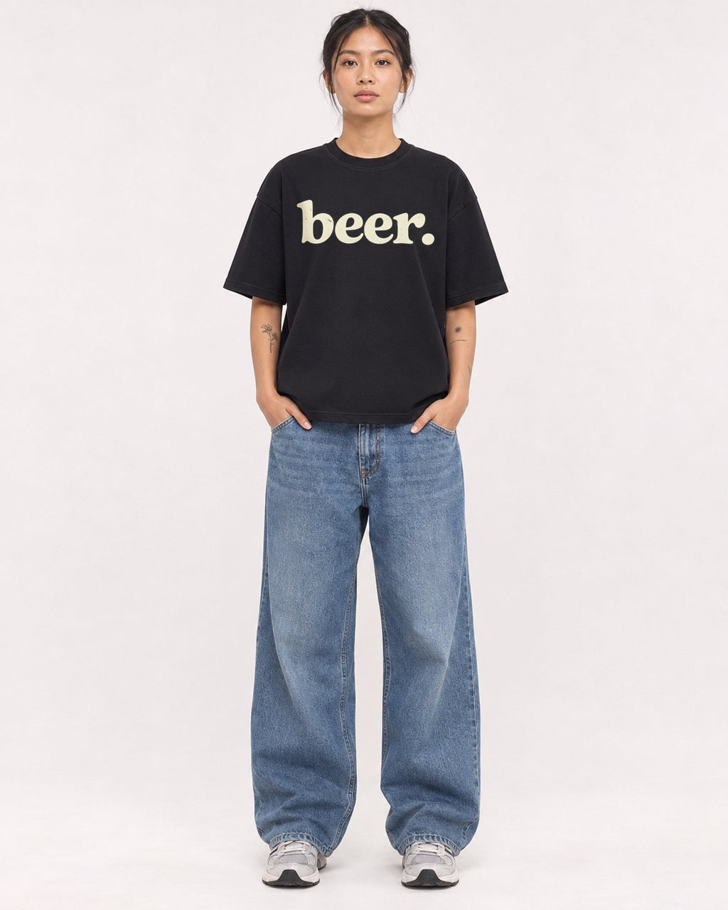 Mockup Boxy Heavyweight Tee Black female full-body 12