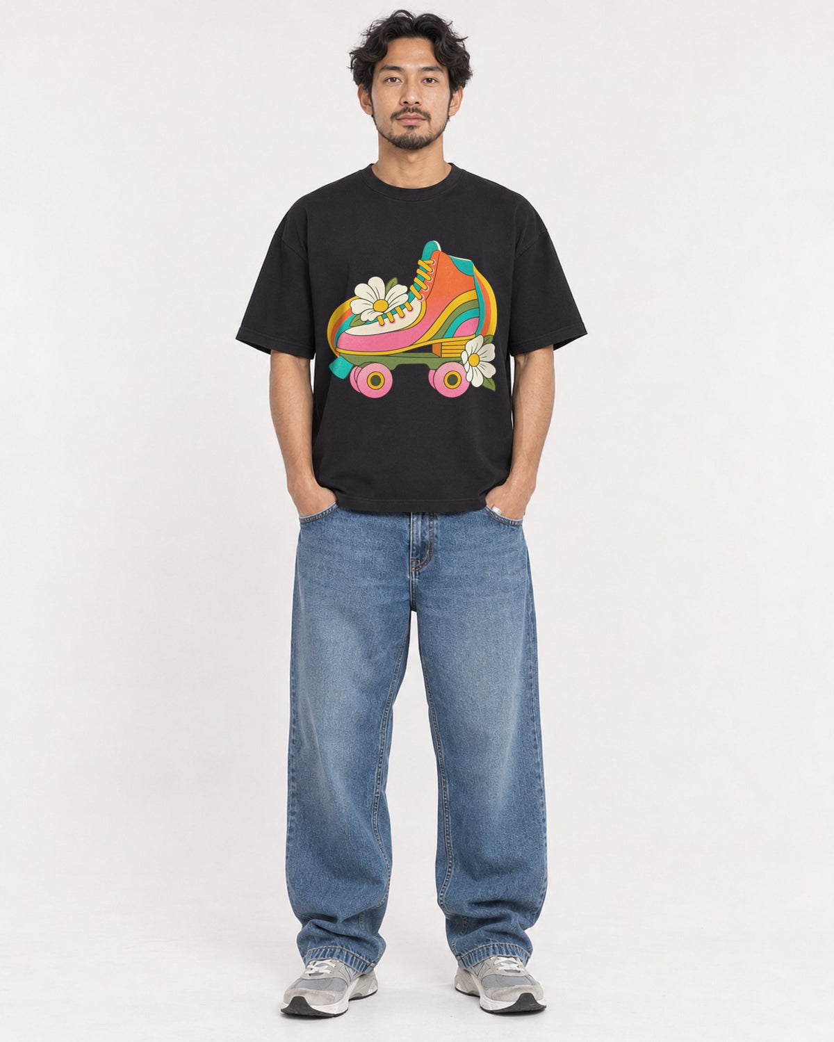 Mockup Boxy Heavyweight Tee Black male full-body 02