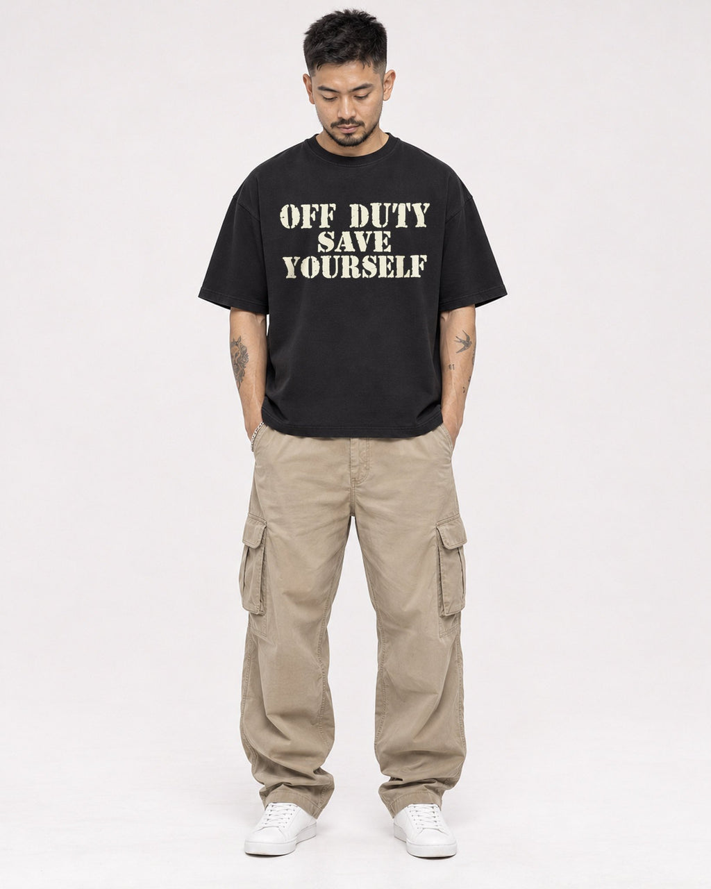 Mockup Boxy Heavyweight Tee Black male full-body 12