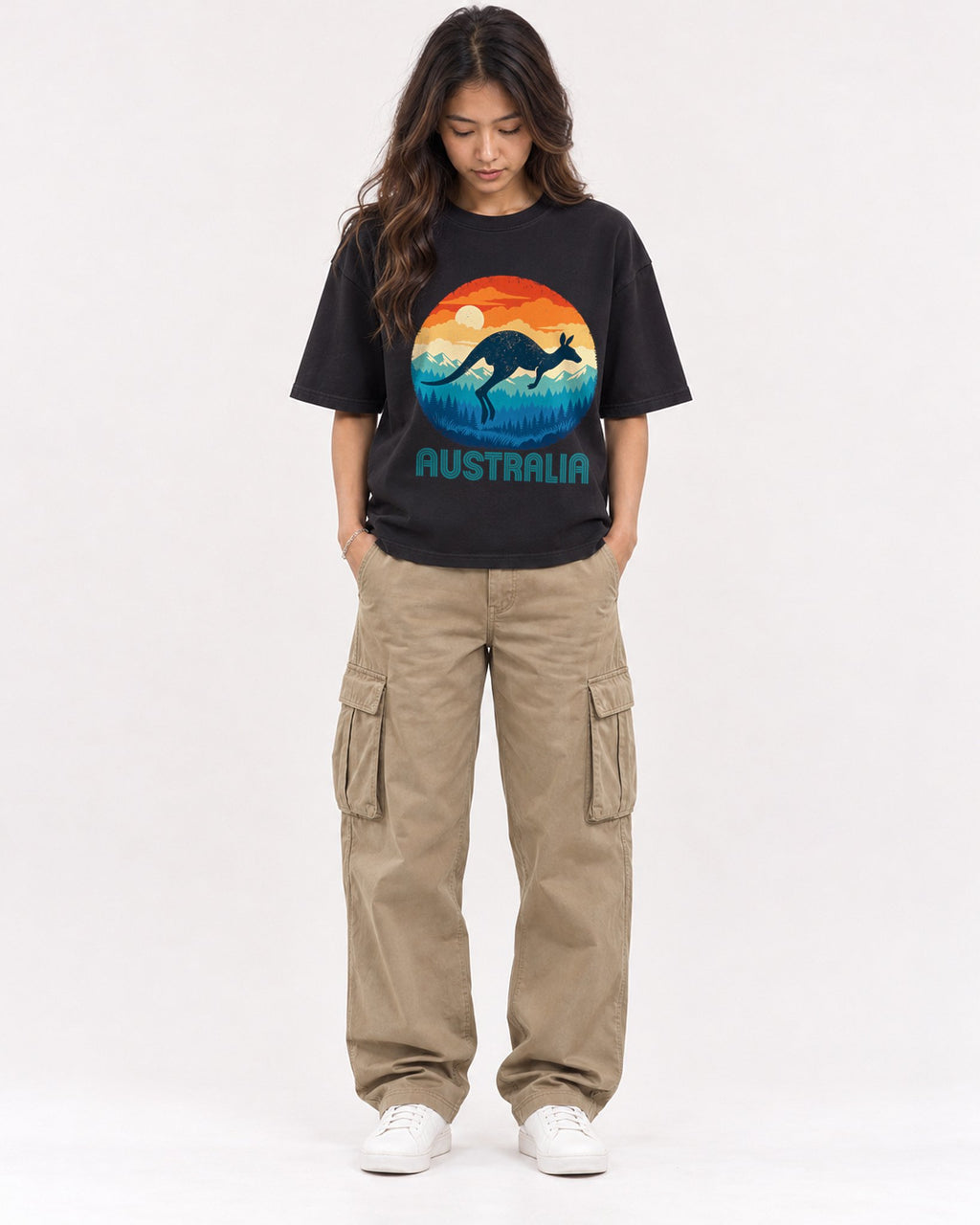 Mockup Boxy Heavyweight Tee Black female full-body 02
