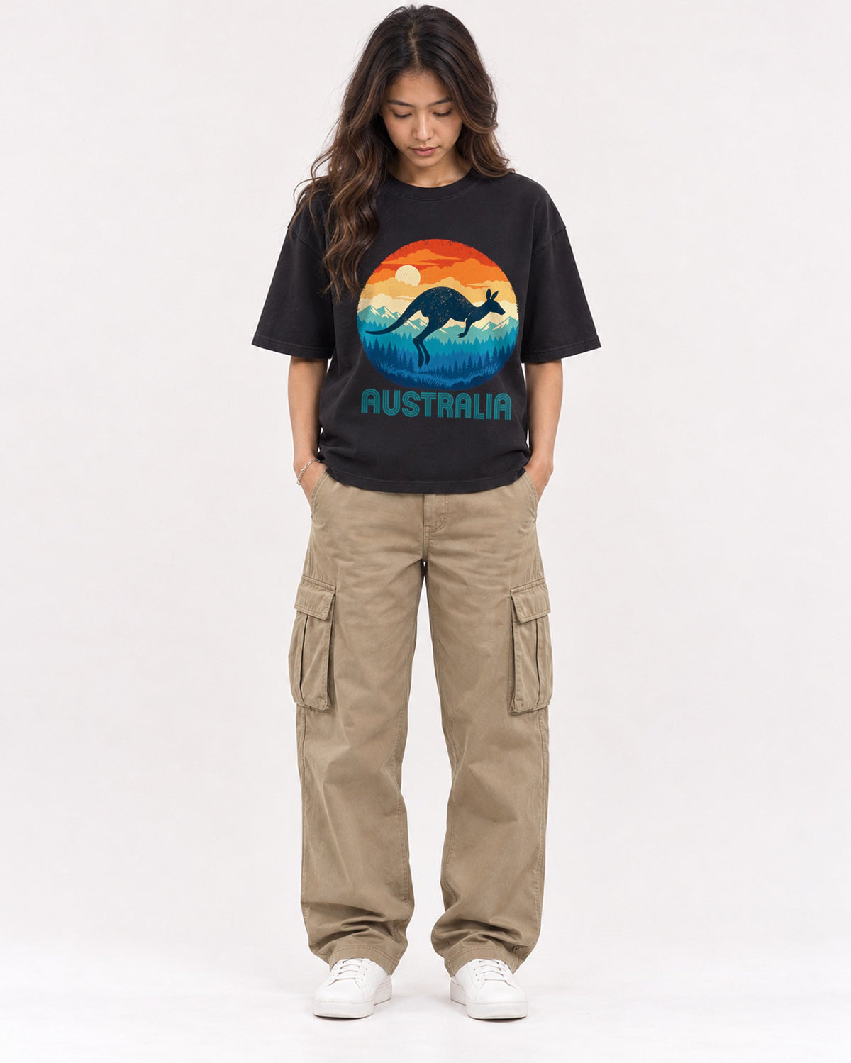 Mockup Boxy Heavyweight Tee Black female full-body 02