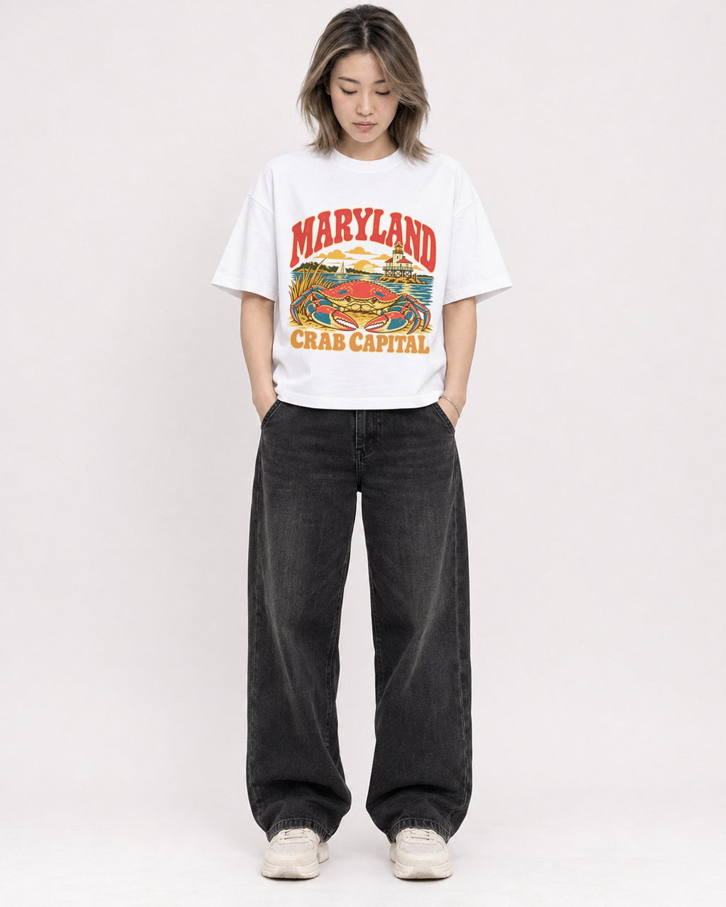 Mockup Boxy Heavyweight Tee White female full-body 33
