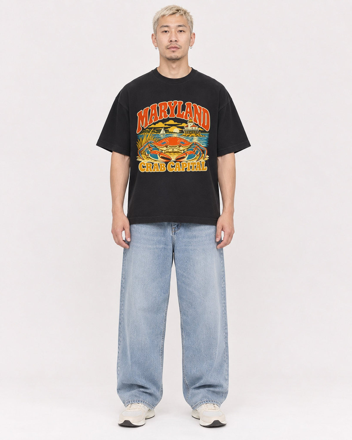 Mockup Boxy Heavyweight Tee Black male full-body 33