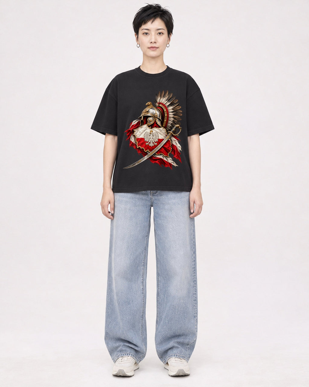 Mockup Boxy Heavyweight Tee Black female full-body 23