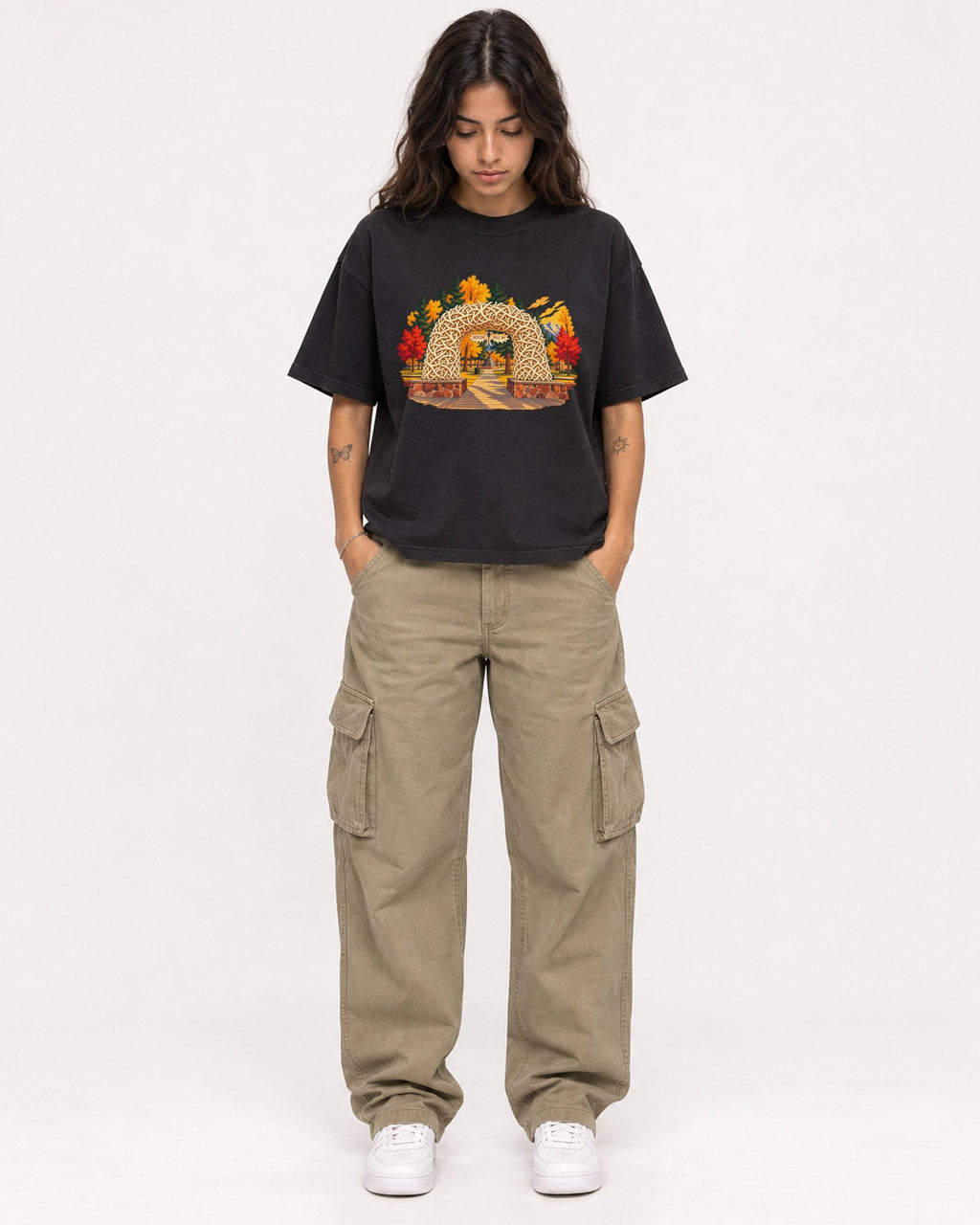 Mockup Boxy Heavyweight Tee Black female full-body 06